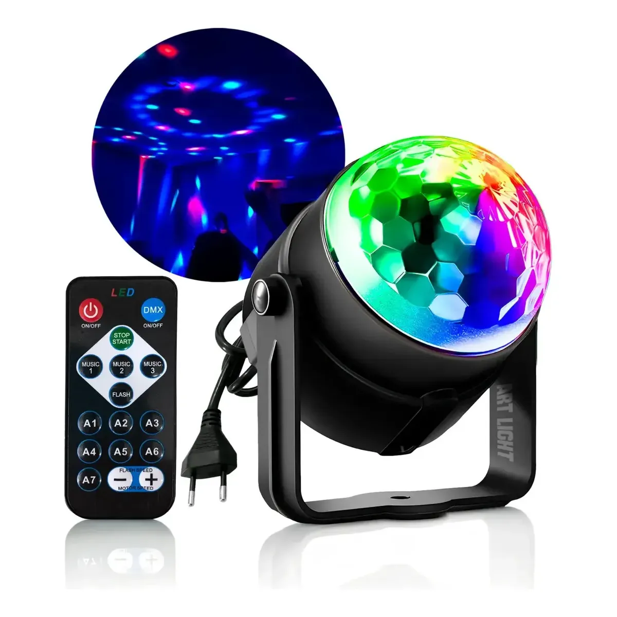 Mini globo jogo de luz bola giratorio festa balada dj led rgb colorido com controle remoto pisca conforme ritmo da musica projetor bola maluca discoteca globinho rotativo eventos art light