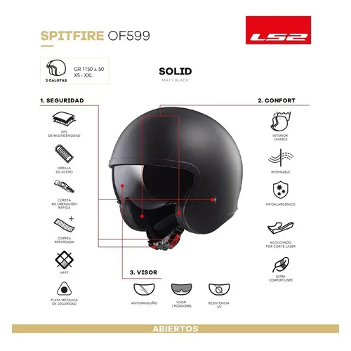 Casco Moto Ls2 Abierto 599 Spitfire Negro Mate Tamaño del casco S