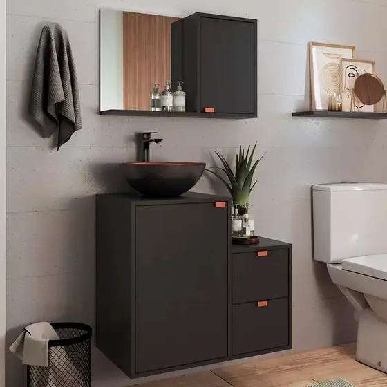 Mueble Baño Bacha Espejo Premium 15mm Mueble Y Bacha Color Grafito | Cuotas sin interés