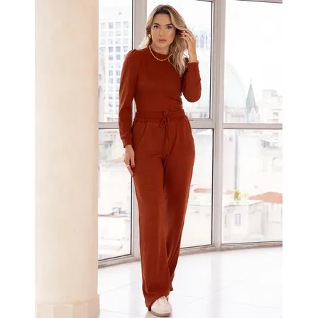 Conjunto Feminino Malha De Tricot Blusa E Calça Moda Inverno