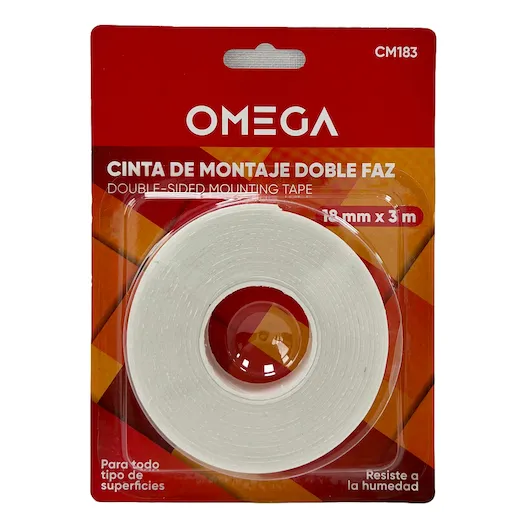 Cinta De Montaje Doble Faz Omega, Rollo De 18mm X 3m Color Blanco Liso
