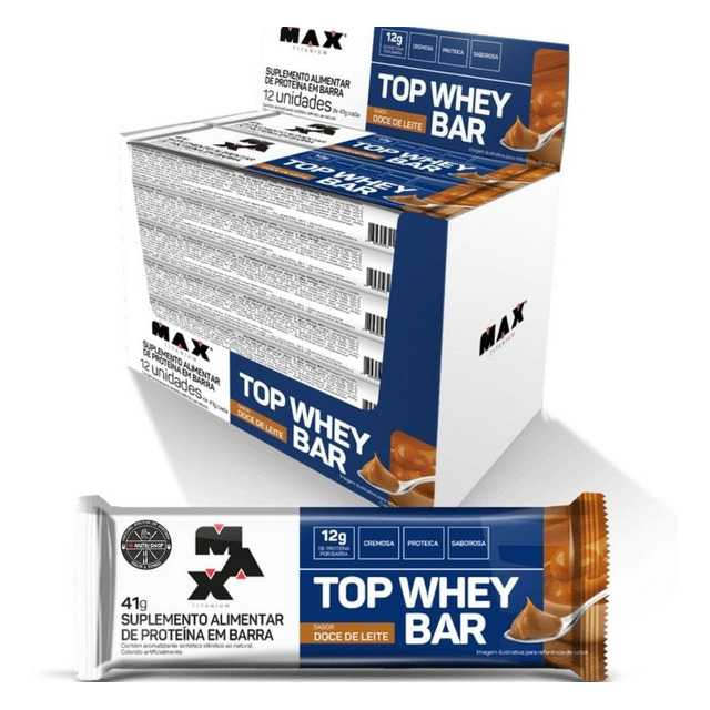 Top Whey Bar - Caixa C/12 Unidades - Max Titanium Sabor Doce De Leite Top Whey Bar - Caixa C/12 Unidades - Max Titanium Sabor Doce De Leite