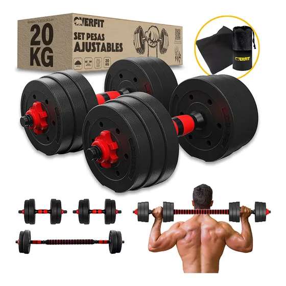 Set Mancuernas Y Barra Unibles 20kg Overfit Fitness Pesas Ajustables