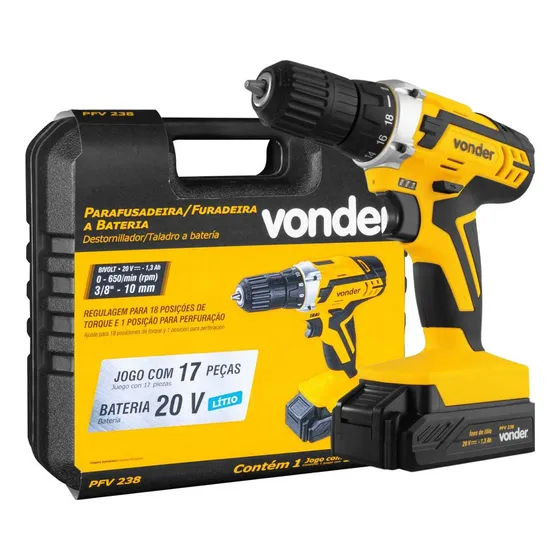 Parafusadeira e Furadeira A Bateria PFV 238 Completa Com Maleta de Transporte e Acessórios - Vonder