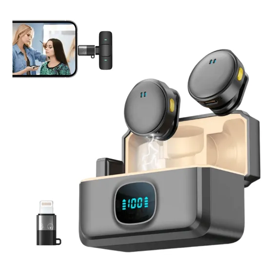 Microfone Duplo Q8 Sem Fio Usb-c / Lightning Para Smartphone Cor Preto