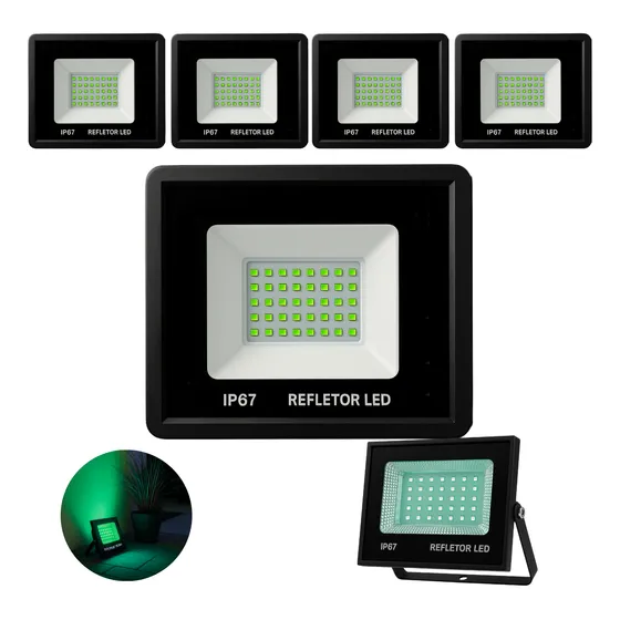 Kit 5 Refletores Led Verde 100w Ip67 Para Fachada Jardim