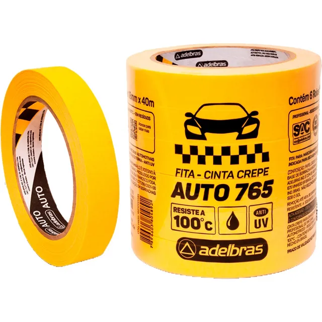 6 Fita Crepe Adesiva Amarela Automotiva 18mm X 40m Auto 765 