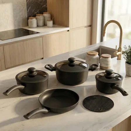Jogo Panela Ceramica Antiaderente 5pç Tampa Silicone Induçao Preto