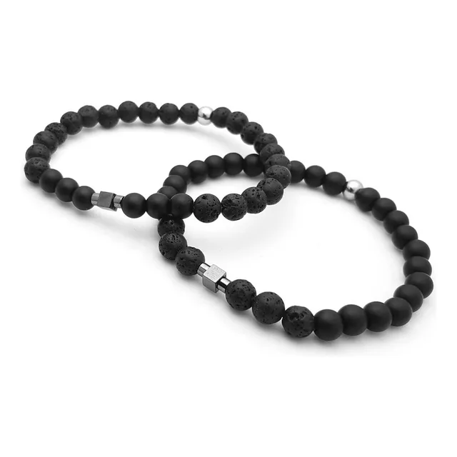 2x1 Pulsera Hombre - Piedras Onix, Roca Volcánica Y Hematita