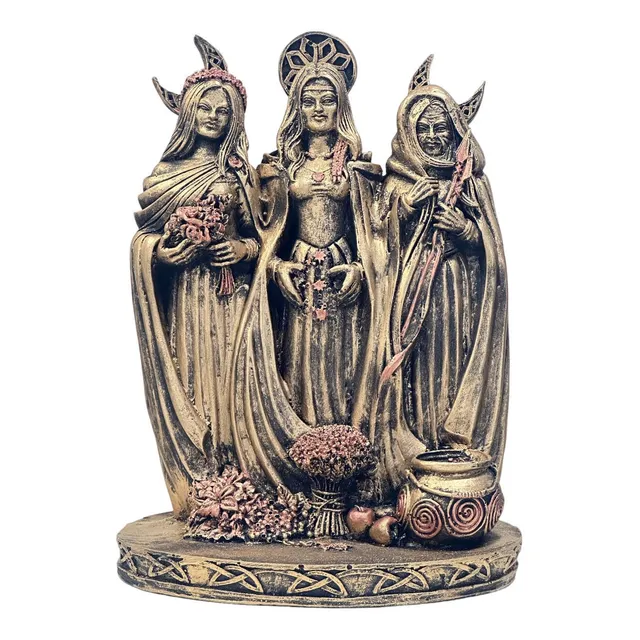 Deusa Tríplice Da Lua Hecate Wicca Grega Resina Dourada 26cm