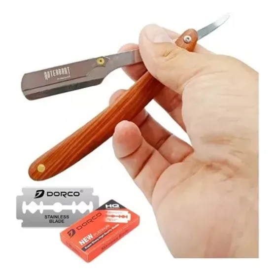 Navaja Barbera Metalica Con Mango De Madera + Hojillas Dorco