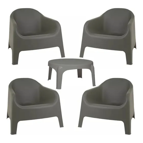 Sillon Plastico Skarpo Negro Set X4 + Mesa Ratona Gardenlife Color Gris