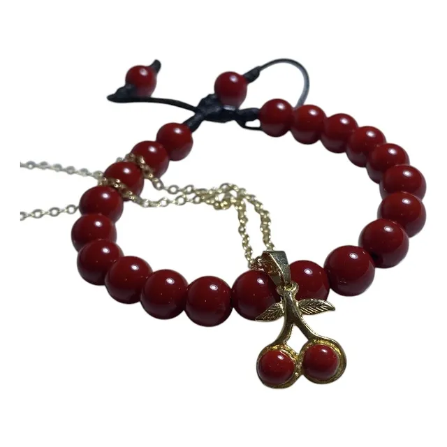 Mix De Cadena Con Dije De Cereza Y Pulsera De Coral Rojo