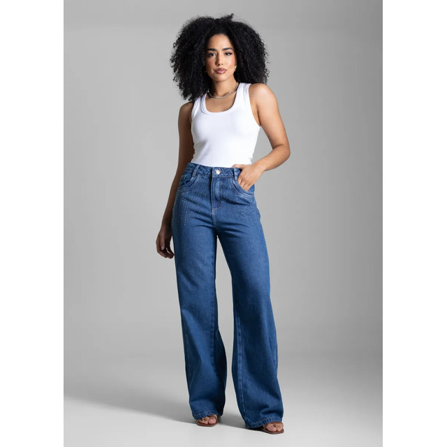 Jeans Sawary Feminina Calca Wide Leg_282980 Índigo Liso 42
