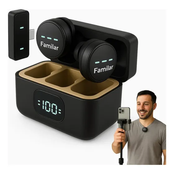 Microfone Lapela Imã Sem Fio Redondo Anti Ruído Duplo Tipo C Preto Para iPhone E Android Familiar