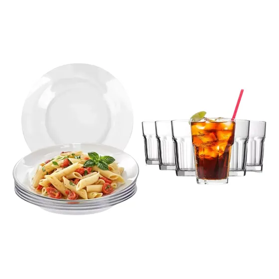 Kit 6 Pratos E 6 Copos Conjunto Vidro Bar Restaurante Buffet