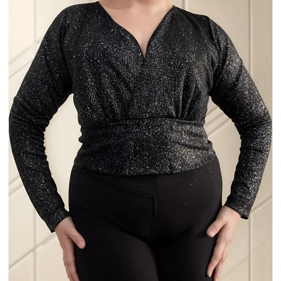 Blusa De Fiesta Con Brillo Tipo Top Manga Larga Talle Grande