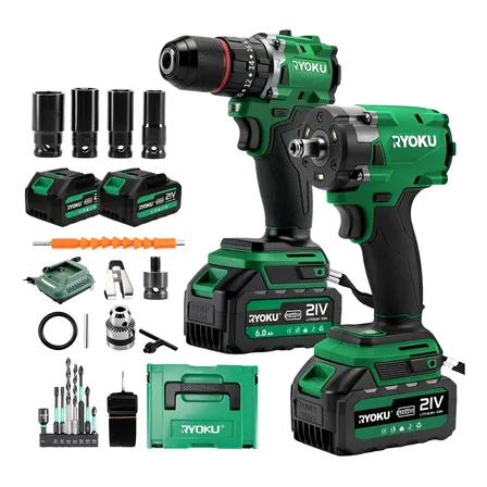 Parafusadeira Furadeira+chave De Impacto Kit Brushless Ryoku Verde 127/220v