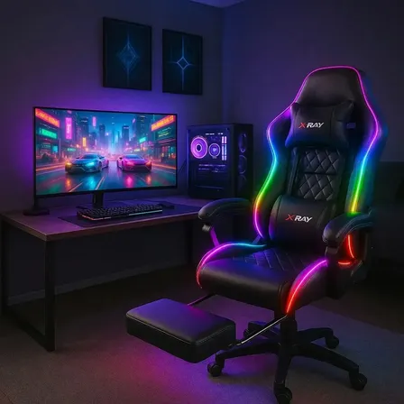 Cadeira Gamer X-ray Com Led Reclinável Ergonômica Cor Preta Material Do Estofamento Couro Sintético