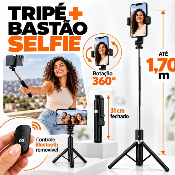 1,7m Tripé Para Celular Bastão Selfie Portátil Com Controle