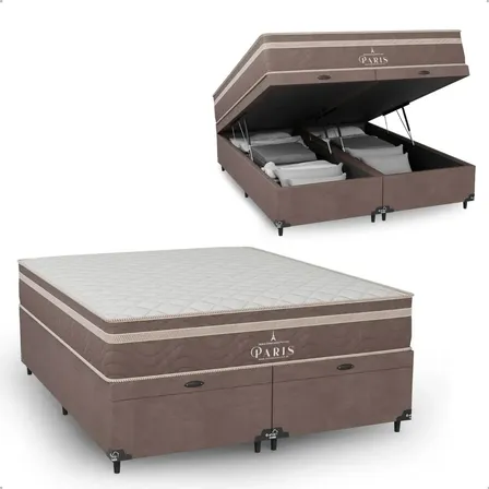 Cama Box Baú Queen Bipartido + Colchão Paris Molas Ensacadas