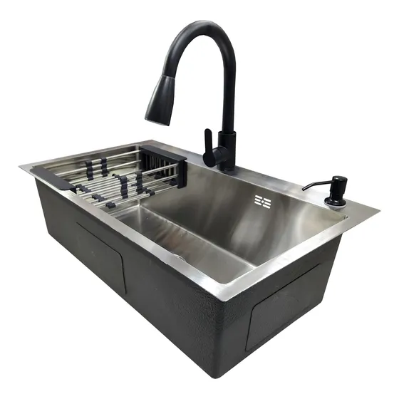 Lavaplatos 75x45 Silver+ Llave Extensible Negra+ Accesorios