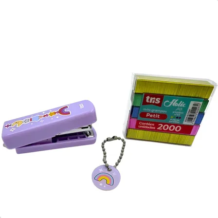 Mini Grampeador Tris Holic Munch + 2000 Grampos Coloridos Lilás