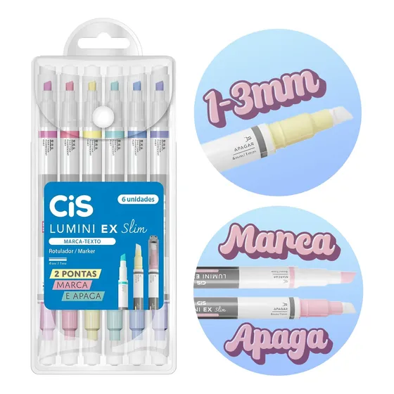 Caneta Marca Texto Cis Lumini Ex Slim Apagável Com 6 Cores