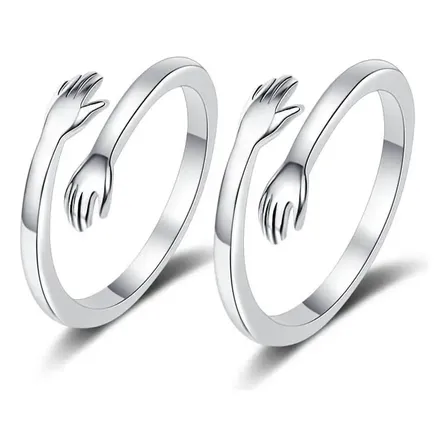2 Anillos Pareja Compromiso Abrazo Mano Ajustable Baño Plata