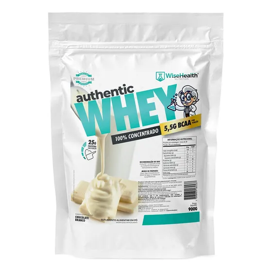 100% Whey Protein Concentrado Authentic (900g) - Wisehealth Sabor Chocolate branco