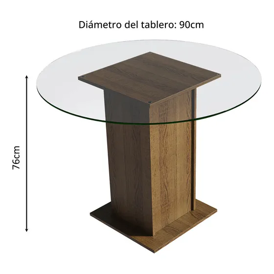 Mesa de comedor redonda Madesa 5324 con tapa de cristal, color rústico, color de pie rústico, cubierta de vidrio de color rústico