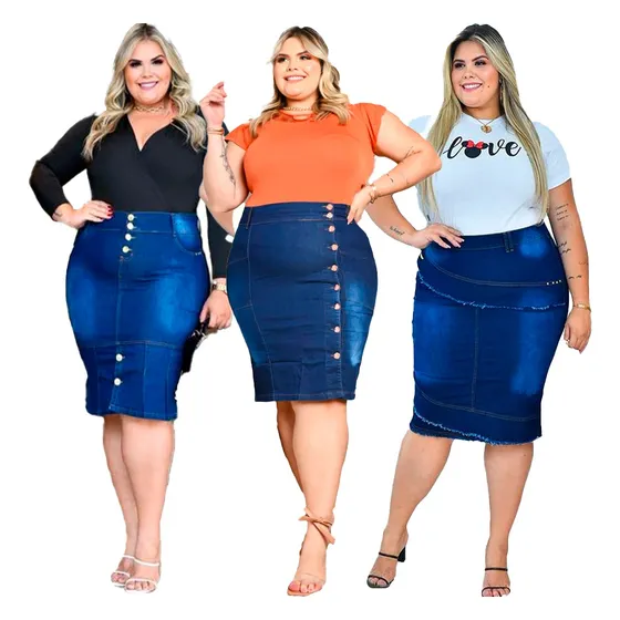 Kit 3 Saias Jeans Lycra Azul Mide Grande Plus Evangélicas