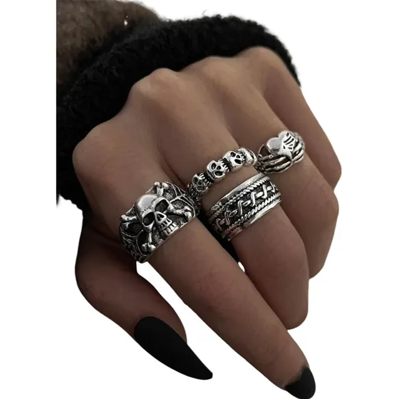 Masculino Feminina Conjunto 4 Anéis Prata Caveira Gótica