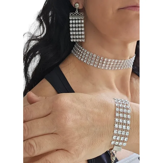 Conjunto Simil Strass Collar Y Aros Clips 