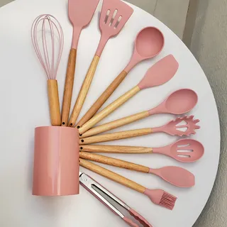 UtensĂlios Coloridos De Cozinha Em Silicone Cabo De Madeira Cor Rosa UtensĂlios Coloridos De Cozinha Em Silicone Cabo De Madeira Cor Rosa