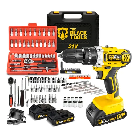 Parafusadeira Furadeira Impacto 3/8 2 Baterias 21v + 46 Pçs Amarelo 110v/220v 60hz