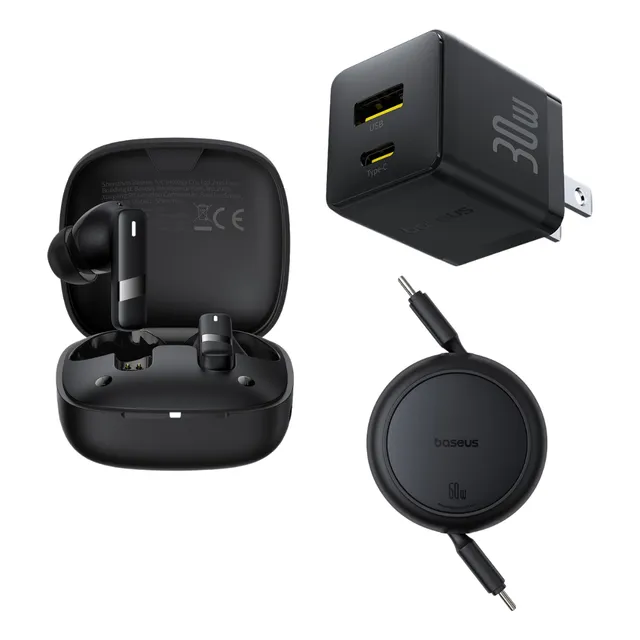 Baseus Kit Audifonos Bluetooth 5.3 Bowie E20 33 Hrs Con El Estuche De Carga 6 Hrs Uso Continuo Cancelación De Ruido + Cargador De Pared 2 Puertos Usb A Y Tipo C 30 W + Cable Retractil Tipo C A Tipo C