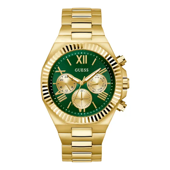 Reloj Para Hombre Guess Equity Color Dorado GW0703G2 Correa Dorado Bisel Dorado Fondo Verde
