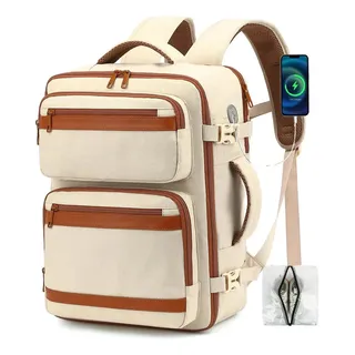 Mochila De Viaje Laptop 17 Pulgadas Impermeable Y Antirrobo Con Bolsa Organizadora Aprobado Avión 10kg Beige Liso