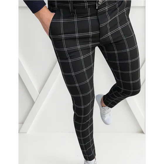 E Pantalones De Vestir For Hombre, A Cuadros, Frente Plano,