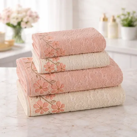 Jogo De Toalha 4 Peças Algodão Dohler Macia Felpuda Banho Off White/salmão Floral