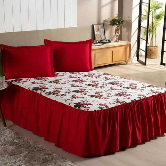 Kit Colcha Ana Casal Padrão 3pçs Estampada Floral Com Babado