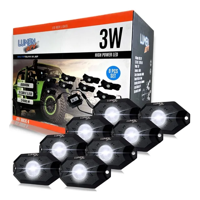Kit De 8 Luces Led Rgb Lumen Atv 3w Bt Rzr Jeep Atv-3003c-8