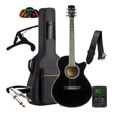 Kit Violão Eletrico Bravo Music Tf200 Afinador Aço Completo Cor Black Material Do Diapasão Padrão Orientação Da Mão Destro