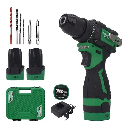 Parafusadeira Furadeira 2 Baterias 16v 10mm 50nm Brushless Verde Com Maleta Plástica 127/220v