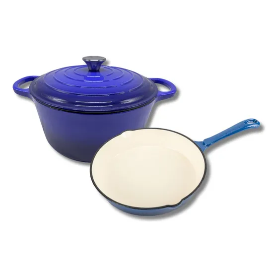 Batería Cocina X 2 Olla Sarten Hierro Fundido Esmaltado Azul