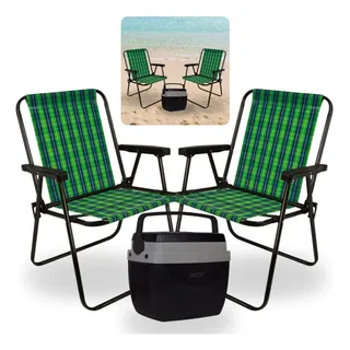 Kit 2 Cadeiras De Praia Em Aço Xadrez + Caixa Termica 18l Kit 2 Cadeiras De Praia Em Aço Xadrez + Caixa Termica 18l