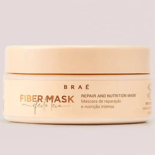 Pote de máscara capilar Braé Fiber Mask de 200g com tampa bege e rótulo contendo informações sobre reparação e nutrição intensa