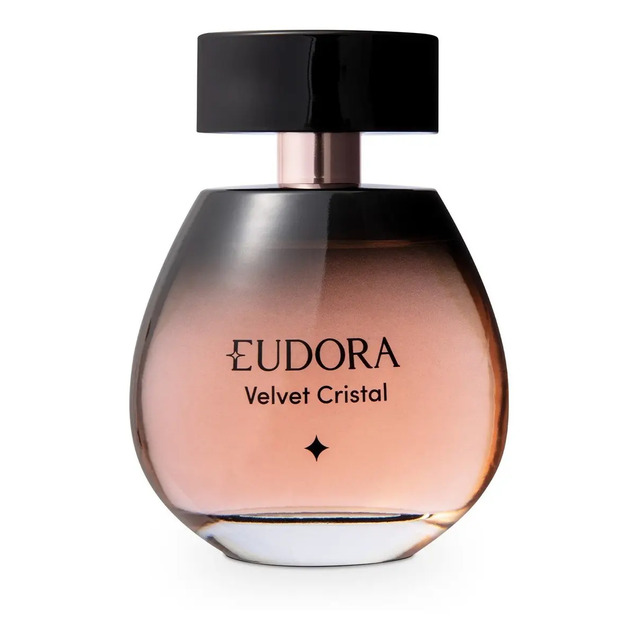 Frasco de perfume Eudora Velvet Cristal de 100ml com tampa preta e líquido rosado em fundo branco