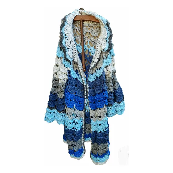 Saco Largo Tejido A Crochet Calado, Talle L/xl,lana Suave
